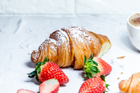 A continental breakfast consisting of croissants sprinkled with icing sugar and fresh strawberries.の写真素材