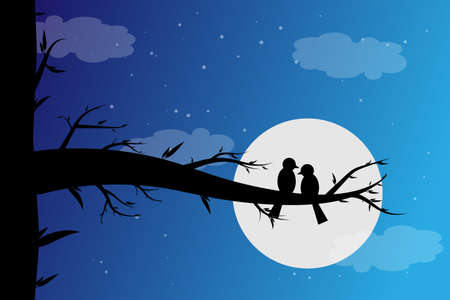 Two birds paired in the moonlight at nightのイラスト素材