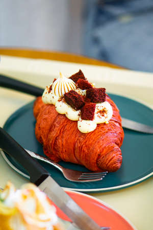 Red Velvet Croissant with Homemade Butterの写真素材