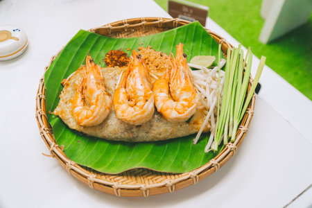 Pad Thai wrapped in an egg with shrimp on top in a plate made from Thai woven baskets.の写真素材