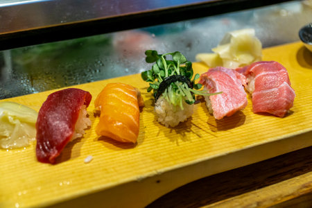 Window sushi in Japanese restaurants is a popular Japanese menu item.