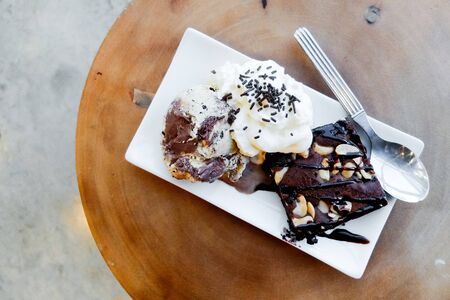 Chocolate brownie with ice creamの写真素材