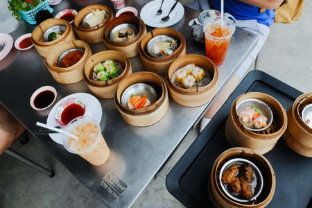 dim sum in bamboo steamer, chinese cuisine.の写真素材