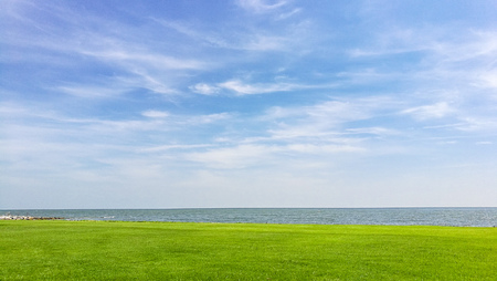 Amazing view of sky and grass tropical scene on ocean background.の写真素材