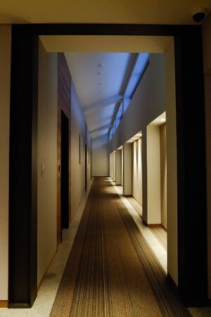 A snug corridor in the hotel with carpet.のeditorial素材
