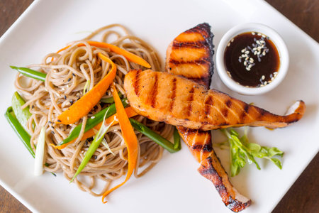 salmon spaghetti thai foodの写真素材