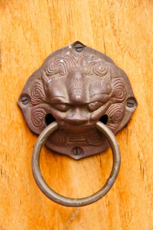 Copper figure of Chinese lion On the ancient temple in wood door , Southern Thailand の写真素材