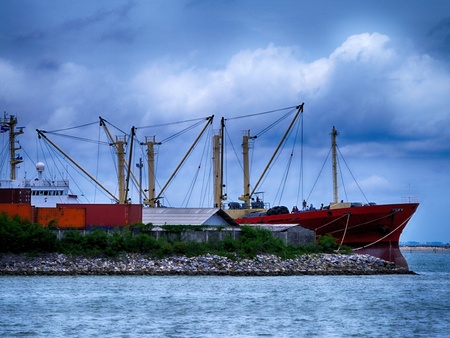 Cargo ship in the harbor, Songkla, Thailand の写真素材