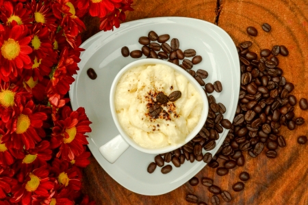 Espresso con panna coffee and Red chrysanthemum flower