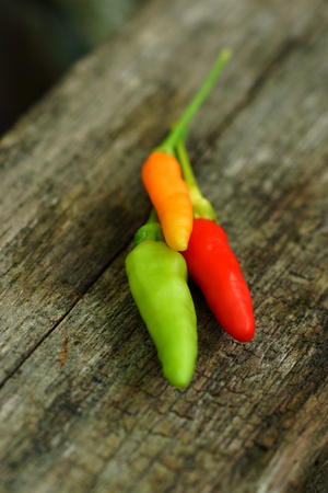 Fresh green and red peppers and spicy on wooden floors.の写真素材