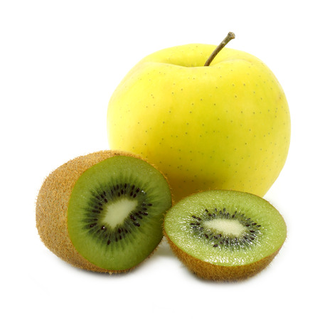 kiwi fruit and yellow apple isolated on white backgroundの写真素材