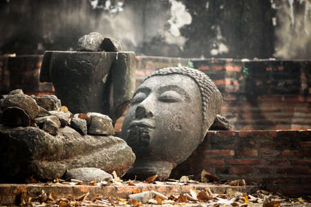 Head of Sandstone Buddha at Wat Mahathat, Ayutthaya, Thailandの写真素材