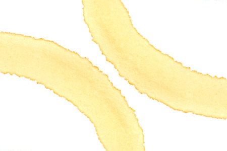Roasted coffee beans in coffee stains on white background.