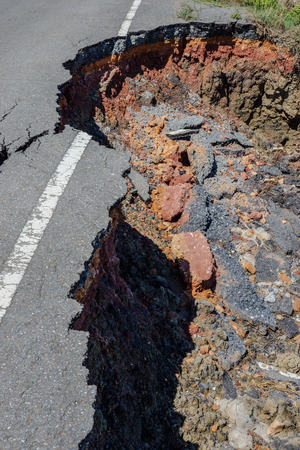 Fissures and erosion of the asphalt road by the earthquake.の写真素材