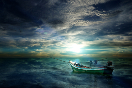 Small squid fishing boats waiting to the sea.の写真素材