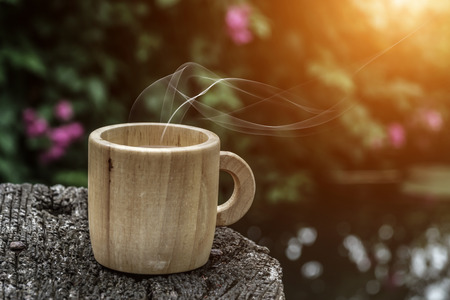 morning coffee with wood cup.の写真素材