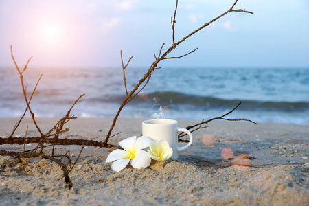 Coffee on the beach and frangipani flower.の写真素材