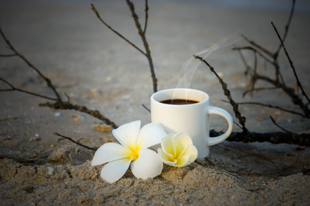 Coffee on the beach and frangipani flower.の写真素材