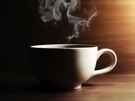 coffee cup in the dark on the wood with light.の写真素材