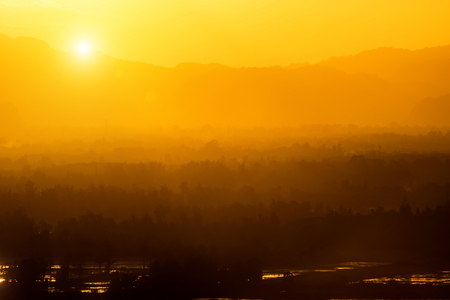 Foggy meadow at sunset with forest at background.の写真素材