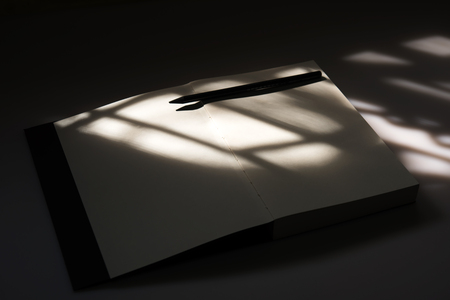 Low key image, Blank page of book and black pencle in the dark  with light from windows.の写真素材
