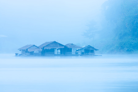 Soft focus of Houseboat above with foggy on Songkaria river., Lifestyle travel in sangkhla buri, Kanchanaburi Province, The western travel of Thailand.の写真素材