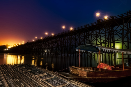 Bamboo floating and Mon bridge in the night at Songkaria river, The landmark of Sangkhla Buri Distric, Kanchanaburi Province., The western travel of Thailand.の写真素材