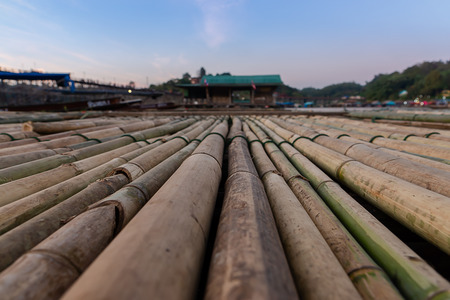 Close up bamboo floating with blur background at Sangkhla Buri, Kanchanaburi province, The travel in...