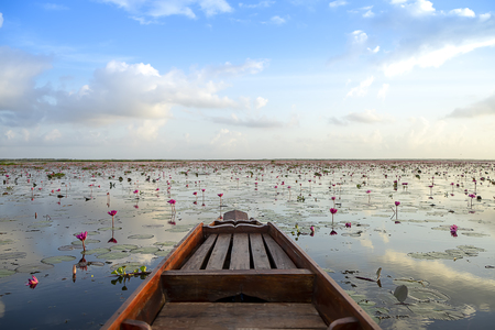 Landscape of the lake with boat and sky.の写真素材