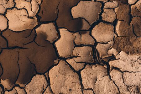 Close up dry mud in summer background with brown color tone.