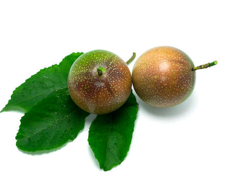 Close up Passion Fruit with Vine leaves on white background.