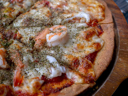 Close up seafood pizza.