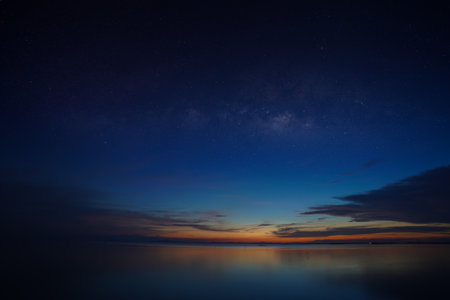 The twilight sky with star after sunset at the lake.の写真素材