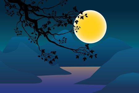 Abstract silhouette tree in night view of blue montain and full moon on blue sky with lake.のイラスト素材