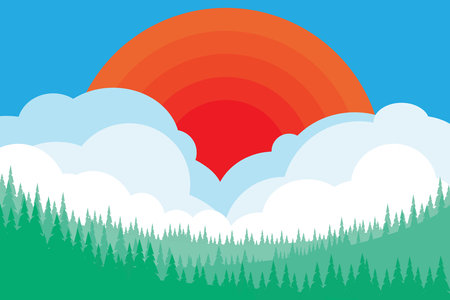 Abstract view of landscape with green tree and sun on sky background.のイラスト素材