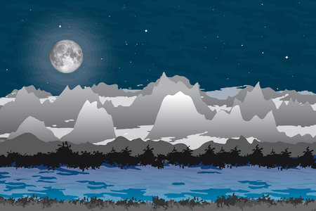 Abstract view of landscape, The Moon and mountain layer with silhouette tree and soft clouds on night sky background.のイラスト素材