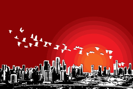 Abstract silhouette of city with red sun on red background.のイラスト素材