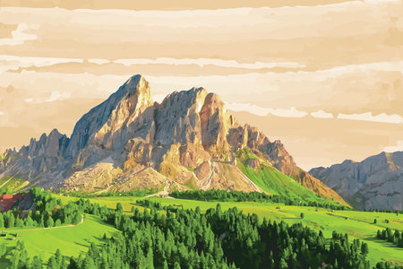 illustration view of the mountain with orange sky and solt clouds background.のイラスト素材