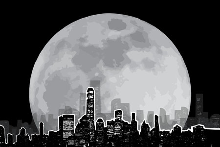 illustration view the cityscape with big moon on black background.のイラスト素材