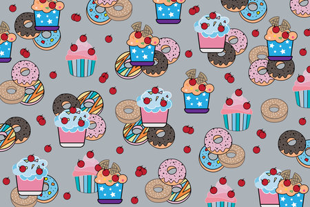 illustration of cupcake and donut with cherry on empty background.のイラスト素材