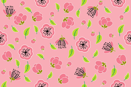 Illustration of the cherry bossoms flower with leaf on pink background.のイラスト素材