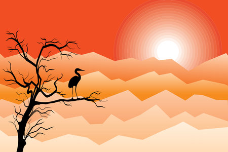 Illustration view of the mountain with silhouette tree and bird on branch and sun on orange sky background.のイラスト素材