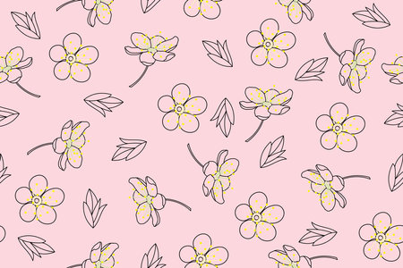 Illustration line of the cherry bossoms flower with leaf on pink background.のイラスト素材