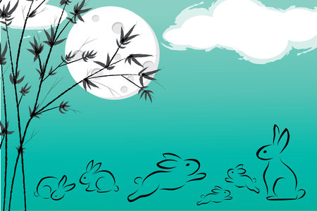 Illustration rabbit with full moon and bamboo on green gradient background. Happy Chinese new year., Year of the rabbit.のイラスト素材