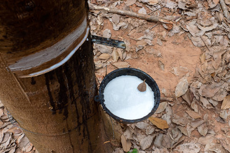 Close up top view the Fresh latex milk of rubber trees in pot with leaf. Raw materials for the rubber industry.の写真素材