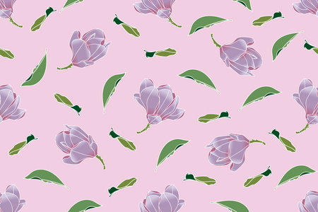 Illustration of Verbanica Saucer Magnolia flower with leaves on pink background.のイラスト素材
