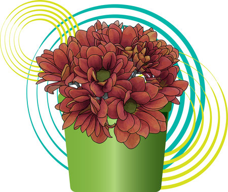 Illustration of chrysanthemum on circle color background with green pot.のイラスト素材