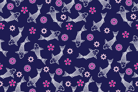 Illustration of white koi fish with flower on blue backgroundのイラスト素材