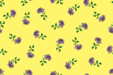 Illustration of Chrysanthemum flower with leaves on soft yellow backgroundのイラスト素材