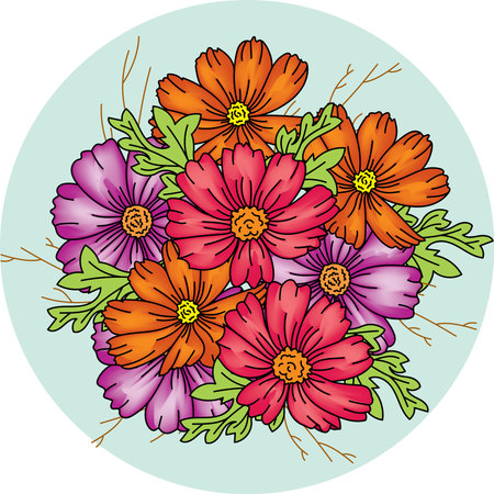Illustration of cosmos flower with leaf on soft green circle color backgroundの写真素材